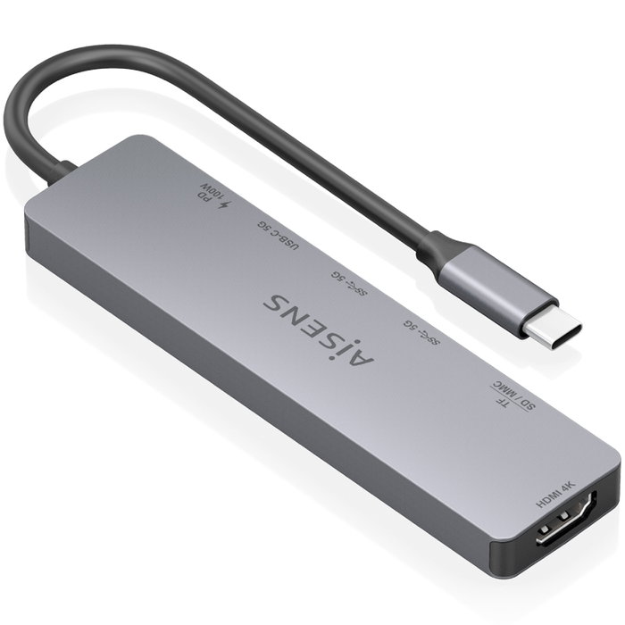 Aisens Dock USB-C 7 en 1 con HDMI 4K, USB-A, USB-C PD 100W y lectores de tarjetas, Gris